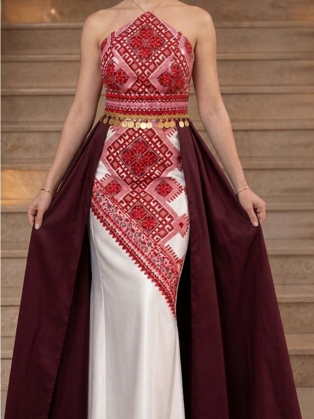 Embroidered Red & White Palestinian Dress